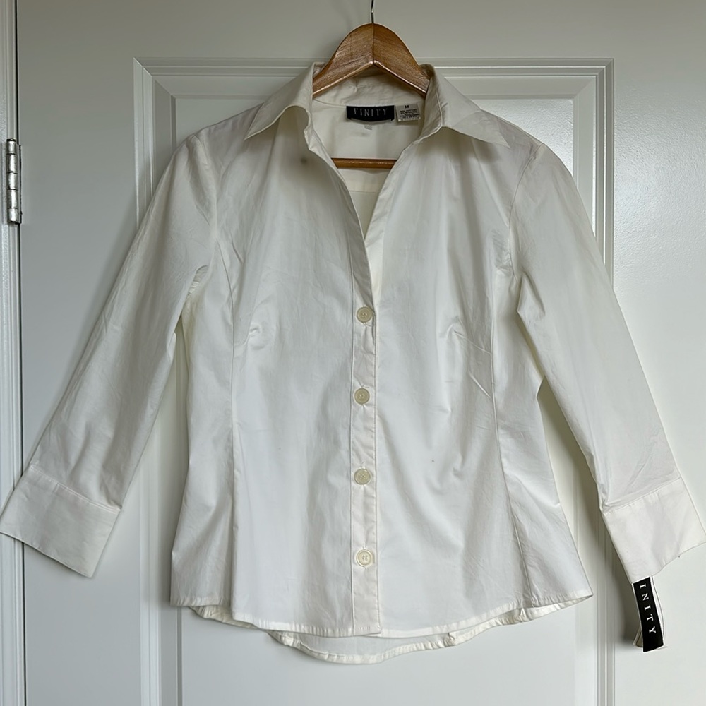 Finity Button Down Shirt sz Medium Womens Ivory Cotton Collared 3/4 Sleeve Shirt